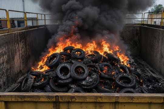Burning Waste Tires with Toxic Black Smoke at Industrial Facility