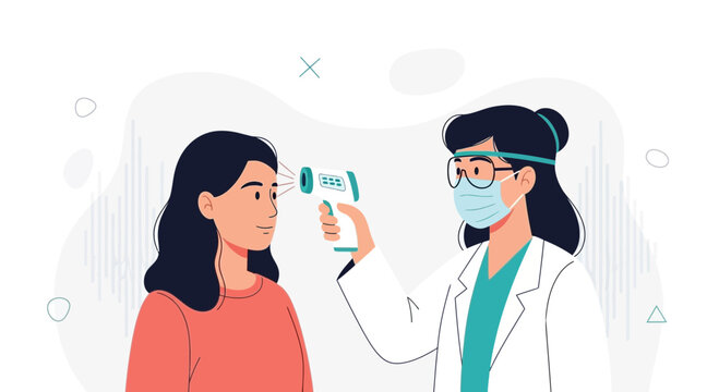 Doctor uses infrared thermometer to check patient's temperature for fever, virus screening, and health check-up in modern flat vector illustration