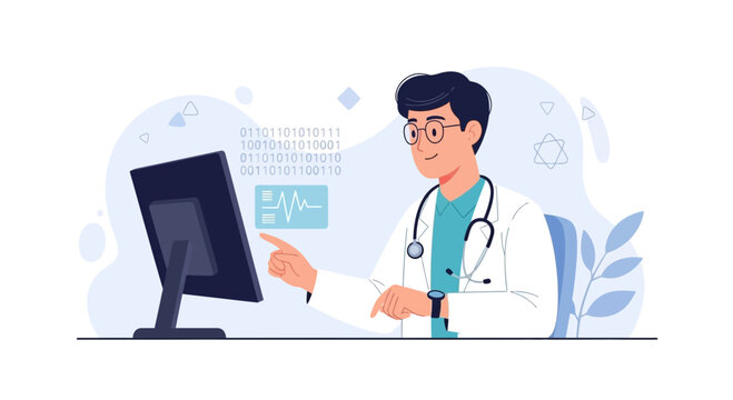Doctor Using Computer for Medical Data Analysis, Featuring Binary Code and Heartbeat Graph