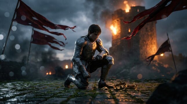 A young armored heir kneels on rain-slick castle stones beside a shattered gold crown, torn crimson banners whip in the wind, and a burning tower glows under storm clouds, capturing a medieval fantasy