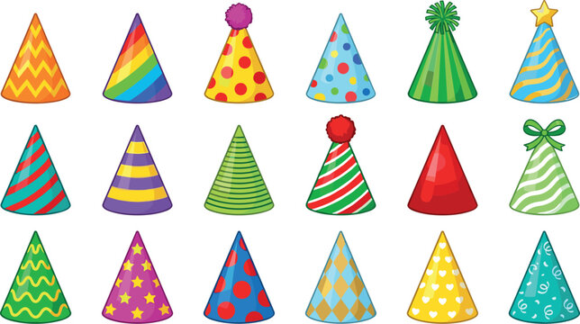 Colorful Birthday Party Hat Vector Icon Set with Patterned Cone Caps, Polka Dots, Stripes, and Pom Poms for Celebration and Anniversary Designs