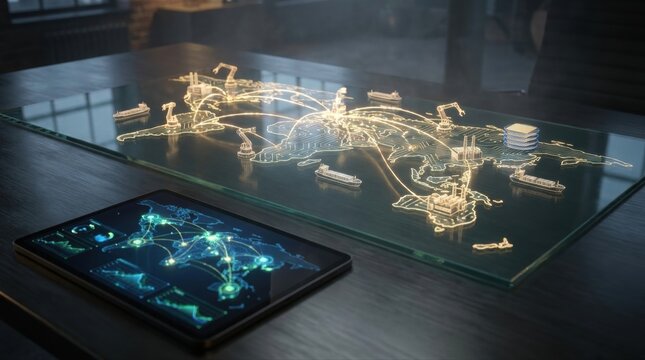 An illuminated world map made of circuit traces connects factories, robotic arms, cargo ships, and semiconductor wafers with glowing data routes; a tablet on the foreground table shows supply chain