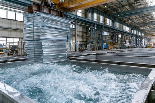 Stack of metal sheets being lowered into bubbling liquid by overhead crane in industrial plant