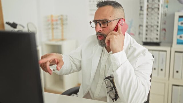 Man optician in clinic wearing glasses holds red smartphone to ear and points at computer screen with trial frame on coat; focused customer care.