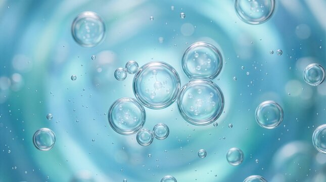 美容成分の分子構造をイメージした透明なマイクロカプセルと青い水面の背景 Microfluidic Capsules with Molecular Structure in Blue Liquid, Skincare Serum Concept Background