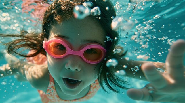 Hot Summer season lifestyle theme. A vibrant underwater portrait of a young girl, captured in a dynamic pose. She wears pink swimming goggles and a floralpatterned swimsuit. Her hair is wet.