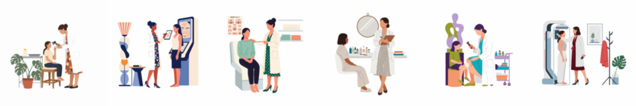 Set of flat illustrations showing dermatology consultations, skin cancer screening, facial analysis, and professional skincare treatments for patients of various ages.