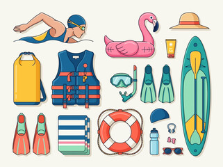 Summer Water Sports and Swimming Equipment Vector Icon Set © Sri