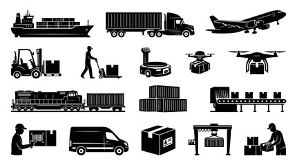 Obraz premium Black and White Logistics Supply Chain Icons Set: Shipping, Delivery, Transportation Glyphs