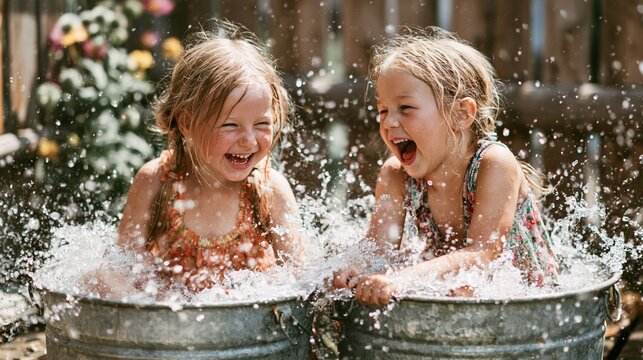 Hot Summer season lifestyle theme. A candid photograph captures two young girls joyfully splashing water in a metal tub.