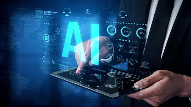 AI circuit microchip with glowing blue lines, surrounded by legal scales, warning symbols, data sheets, and binary codes, representing ethical AI, AI governance, and data integrity Marrow