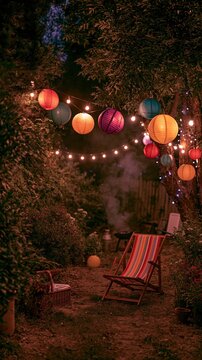 Hot Summer season lifestyle theme. A nighttime scene in a garden, illuminated by string lights and colorful paper lanterns. The lanterns are in various colors, including red, orange, yellow, blue.
