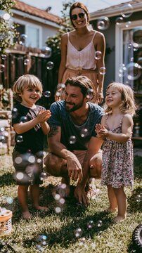Hot Summer season lifestyle theme. A candid outdoor family portrait captures a joyful moment. A man, a woman, and two young children play with soap bubbles in a backyard. The man.