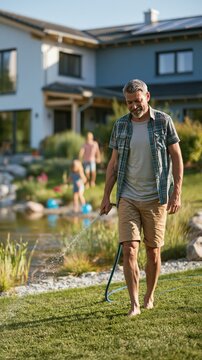 Hot Summer season lifestyle theme. A candid outdoor photograph captures a man in a relaxed pose, holding a hose and spraying water onto a lush green lawn. He wears a blue and green plaid shirt.