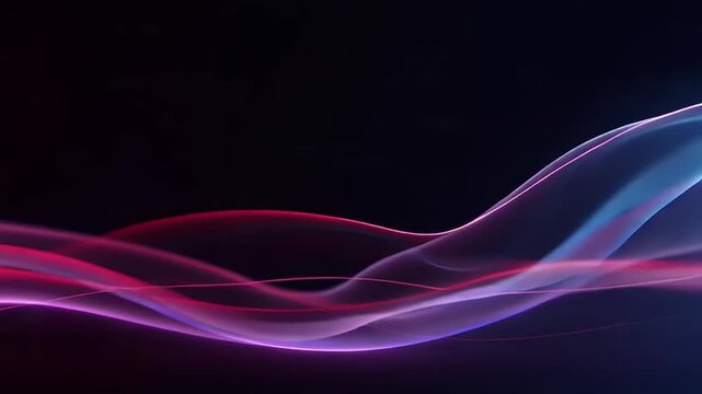 Vibrant pink and blue neon light waves flow across a dark background