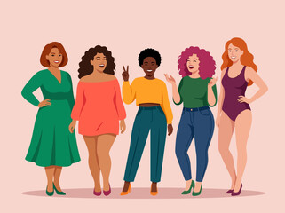 Obraz premium Diverse Women Group Illustration for Body Positivity, Inclusivity and Female Empowerment Flat Vector Art