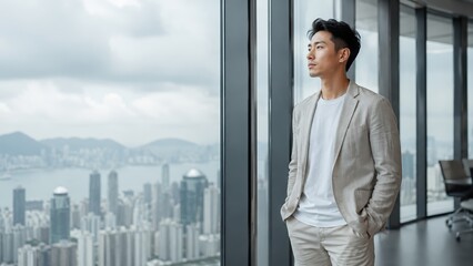 Fototapeta premium Asian Businessman Looking Through Window in High Rise Office Concept Photo