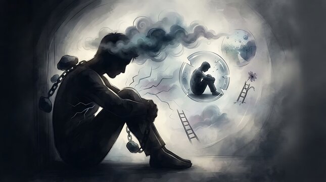 A conceptual illustration of a person struggling with depression and mental isolation.