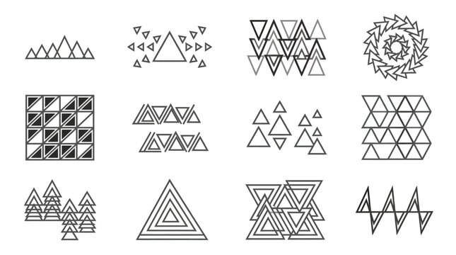 Abstract geometric compositions of stacked triangles and grids.