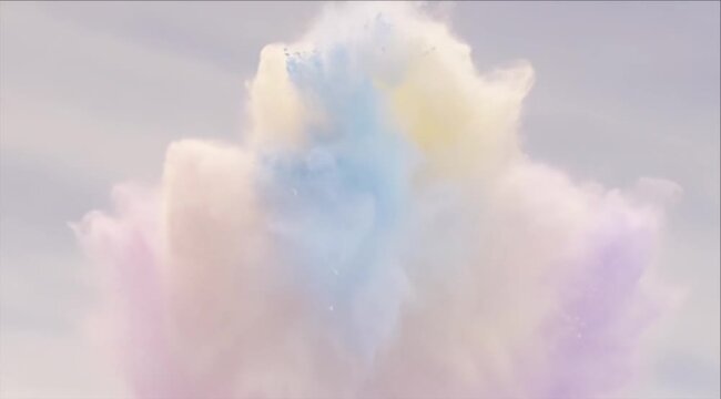 Colorful powder explosion background dreamy pastel cloud abstract art soft motion gentle airy surreal dust burst upward vapor mist fluffy cloudlike design backdrop fantasy effect