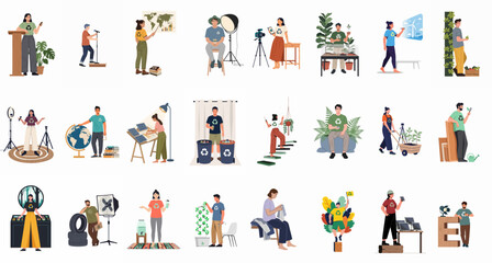 Fototapeta premium Diverse set of people participating in various eco-friendly activities, sustainability projects, recycling, and environmental conservation practices in flat illustration style.