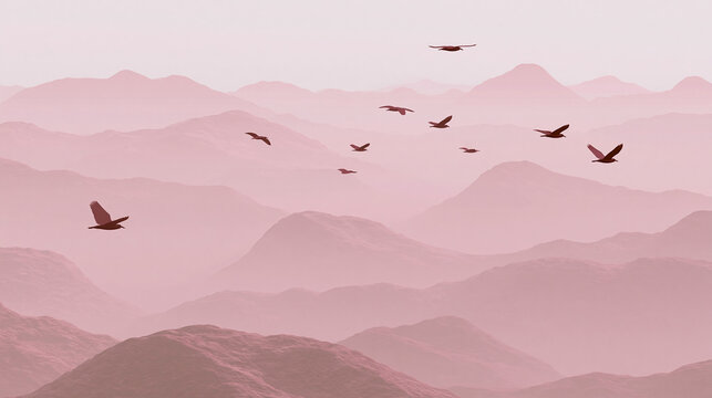 霧がかったピンクの山並みと上空を羽ばたく鳥の群れの幻想的な風景 生成AI