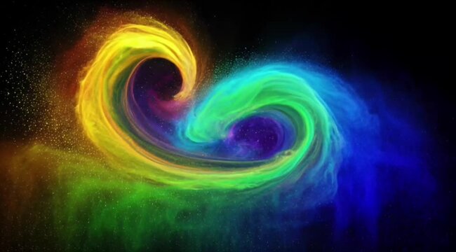Colorful powder explosion swirl abstract background energy motion fantasy art vibrant wave neon glow dust particle curve shape black heart shape in dark space magic vibrant dream