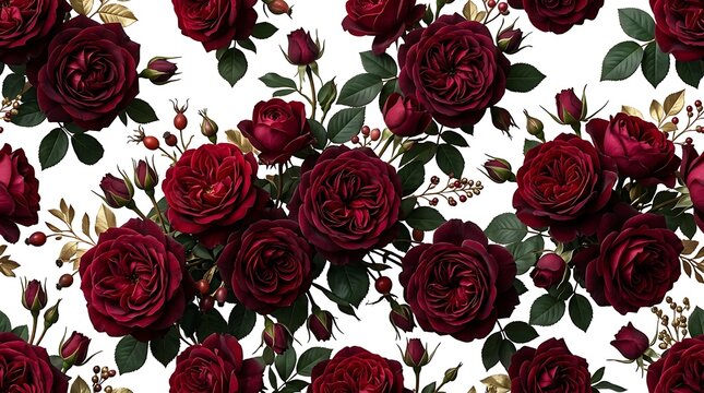 Deep red roses seamless floral pattern on white background