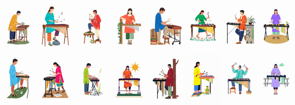 Flat vector set of diverse people in colorful traditional clothing playing various types of marimbas and xylophones with mallets on white background