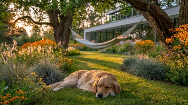 Hot Summer season lifestyle theme. A vivid outdoor scene captured during golden hour. A golden retriever dog lies peacefully on a lush green lawn, its head resting on its front paws.