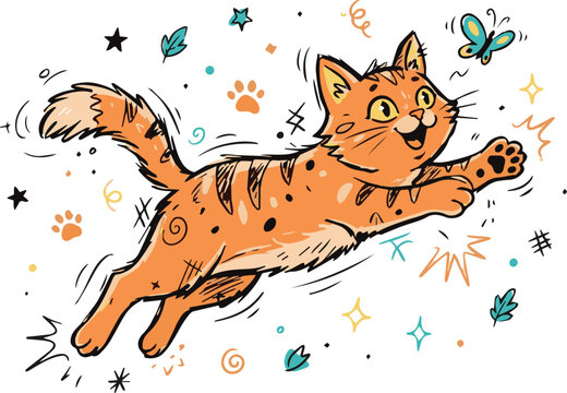 ginger cat jumping aggressively forward with expressive motion lines and cute doodle accents