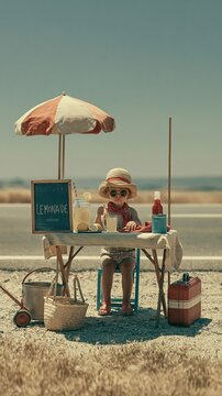 Hot Summer season lifestyle theme. A vibrant, sunlit photograph captures a child seated at a table on a sandy beach. The child wears a straw hat, sunglasses, and striped shorts.