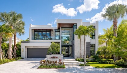 Fototapeta premium Two-story white residence with expansive glass windows and a double garage in a tropical setting