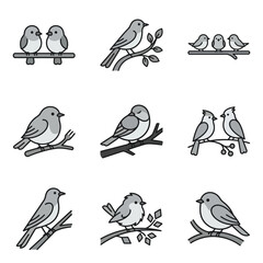 Set of nine bird icons including cardinal and sparrows. © dita