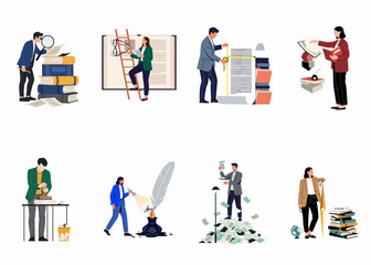 Fototapeta premium Diverse collection of eight flat vector illustrations depicting professionals and students engaged in various research, writing, and organizational tasks with books and documents.