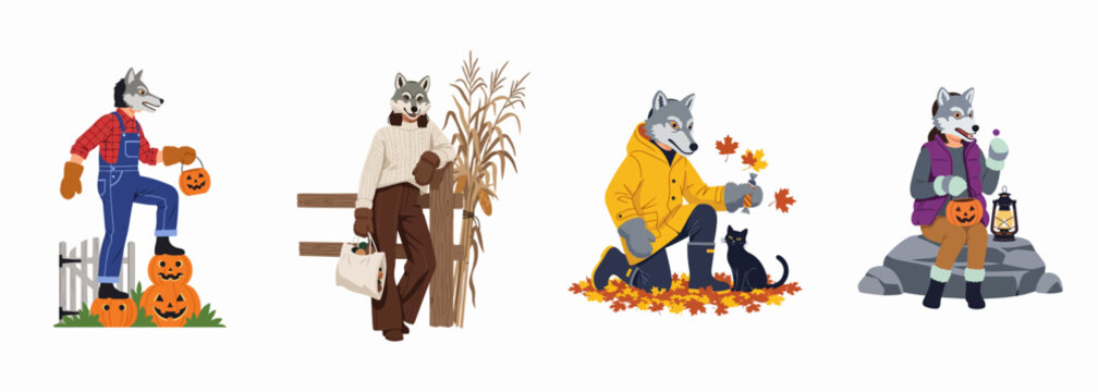 Set of illustrations featuring people in wolf masks celebrating autumn and Halloween with pumpkins, fall leaves, and trick-or-treat activities.