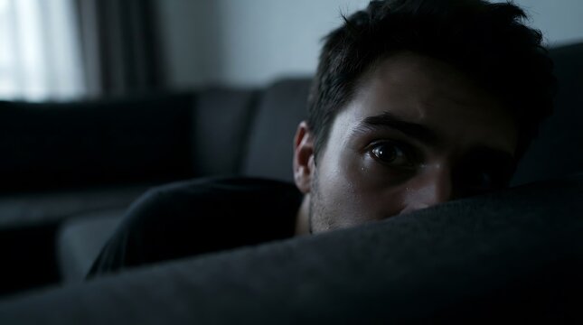 Young man lying on the sofa looking at the camera in a dark room.