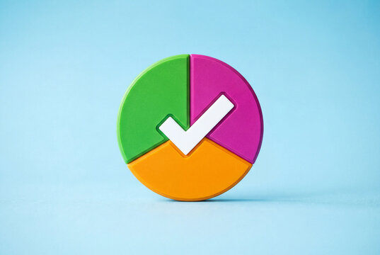 Colorful pie chart icon with white checkmark symbol on blue surface
