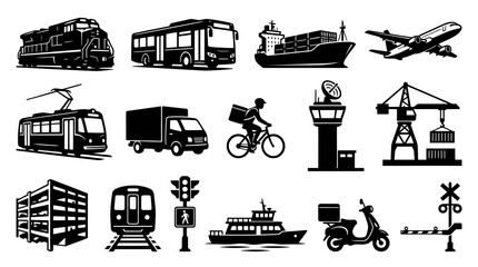 Obraz premium Black and White Glyph Icons of Transportation and Logistics