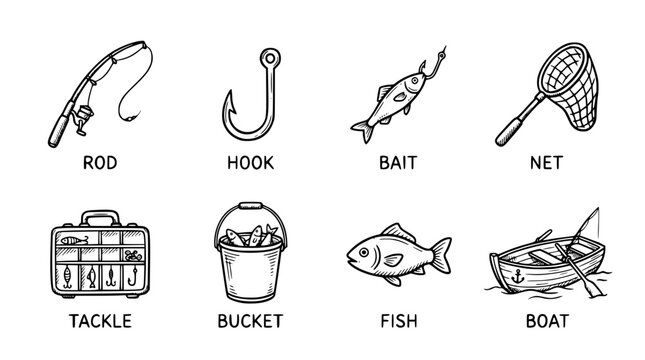 Hand drawn fishing icons rod hook bait net tackle bucket fish boat, black ink sketch vector illustration
