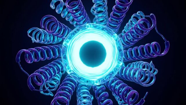 発光しながら閉鎖状態から開放状態へと移行する電位依存性イオンチャネルのミクロ3DCG映像