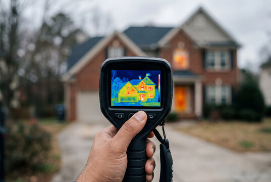 A hand pointing a thermal imaging camera at a brick house exterior