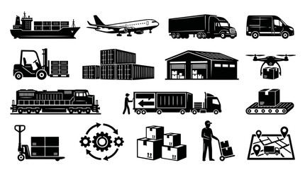 Obraz premium Logistics and Shipping Icons: Black and White Flat Icons Set