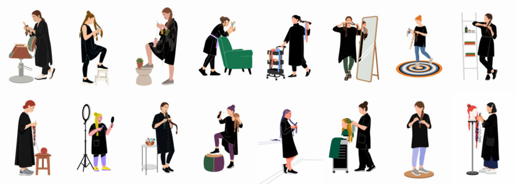 Collection of Flat Vector Illustrations Showing Women in Black Tunics Braiding Hair and Using Various Professional Hairstyling Tools and Accessories