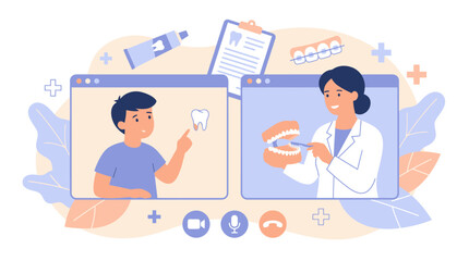 Obraz premium Telemedicine session with doctor and patient displayed on two screens during a virtual healthcare consultation.