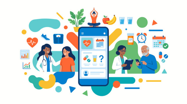 Diverse team collaborates around digital devices and mobile apps in a colorful illustration.