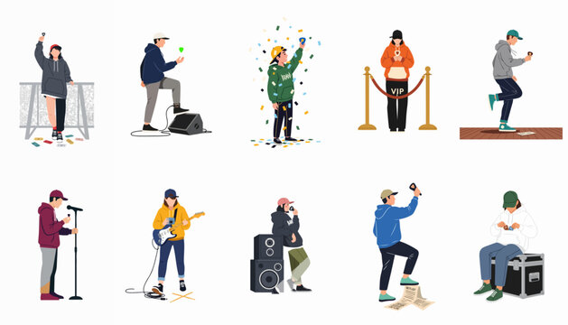 Set of Diverse Flat Illustrations Featuring People at Music Concerts, Musicians, Fans, and Stage Crew Members in Various Poses