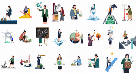 Fototapeta premium Business and Professional Women Addressing Environmental Sustainability, Climate Change, and Economic Global Impacts Through Various Illustrative Scenarios.