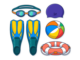 Colorful Swimming Gear Icons Set: Goggles, Flippers, Beach Ball, Swim Cap, and Lifebuoy © Elva