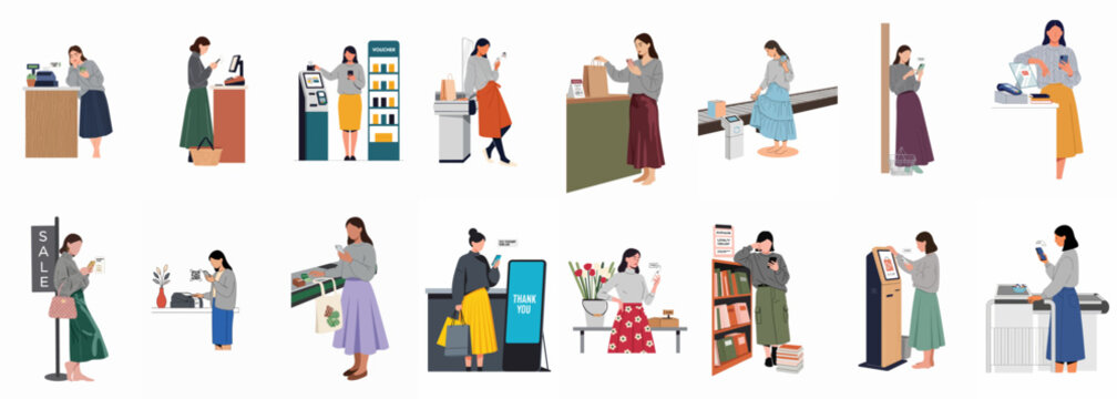 Flat illustration set of women using smartphones for shopping, digital payments, and discount codes in various retail environments.
